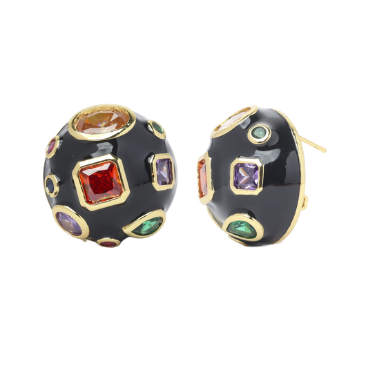 Enamel Gem Ball Earrings- Black