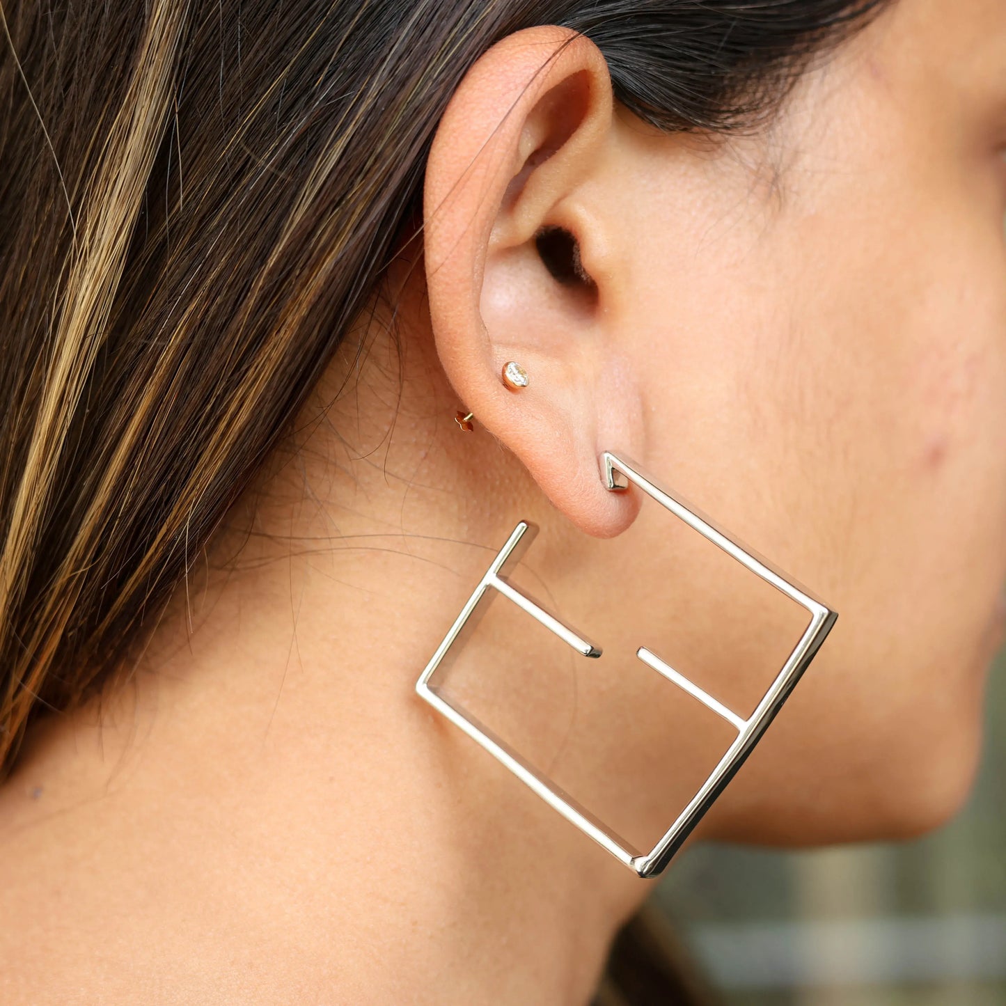 Statement Square Hoop Earrings - Silver
