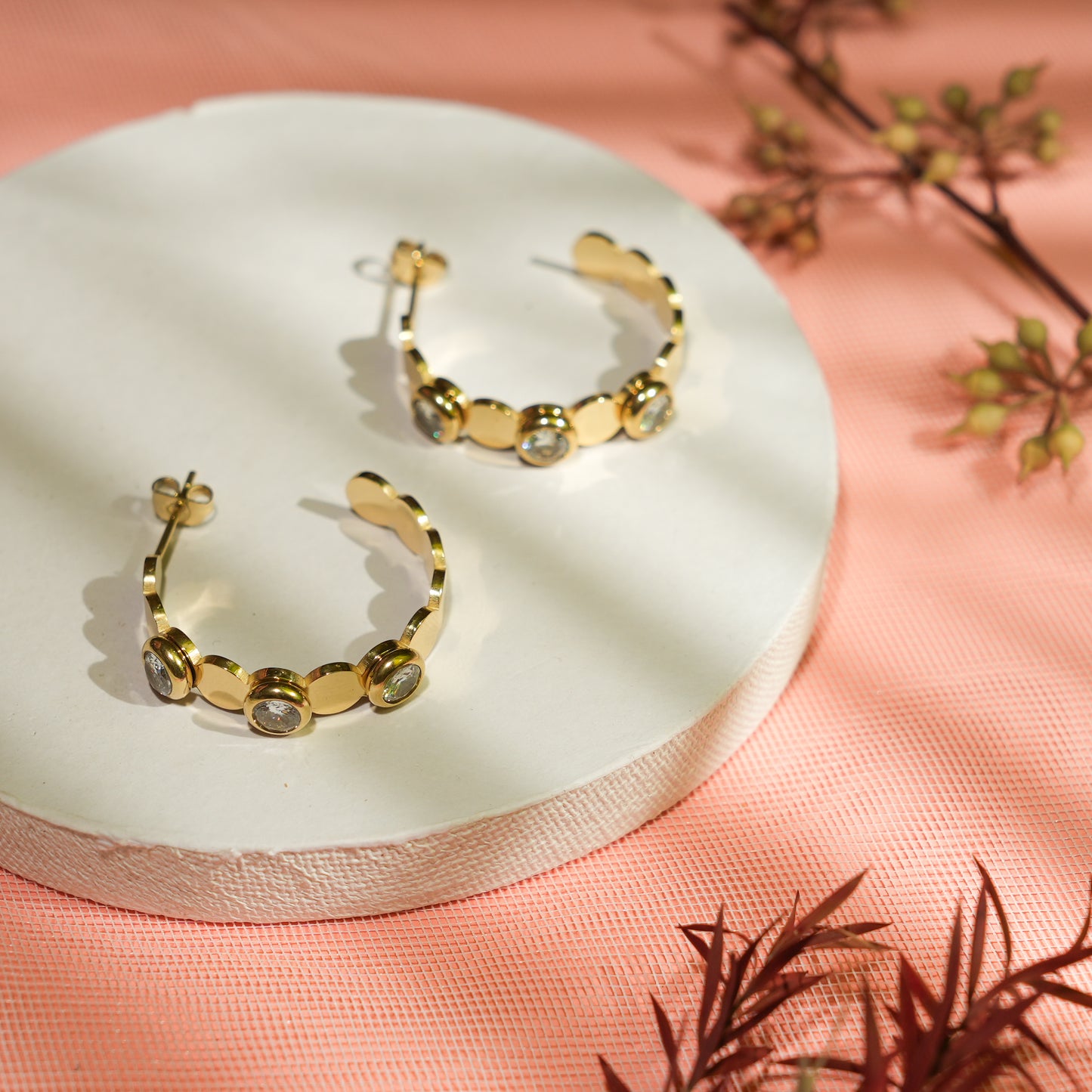 Triple White Stone Hoop Earrings