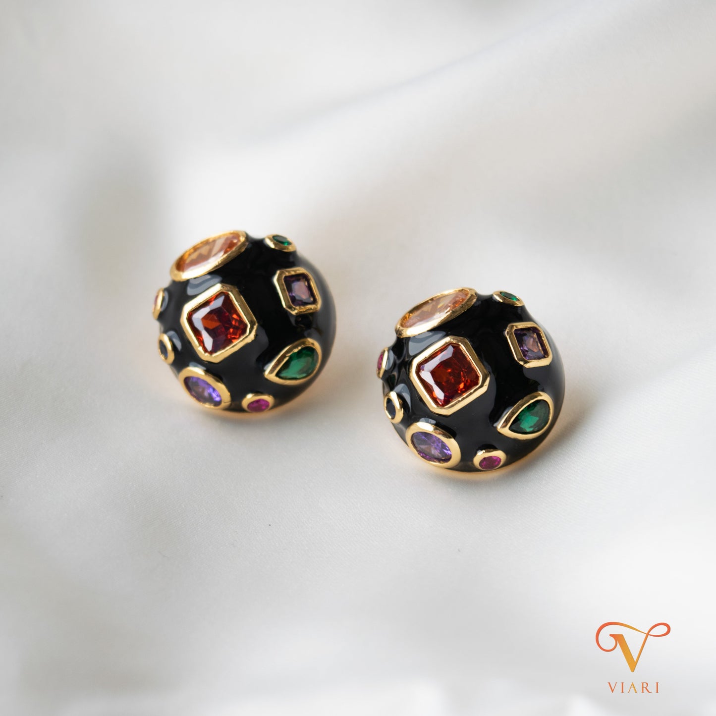 Enamel Gem Ball Earrings- Black