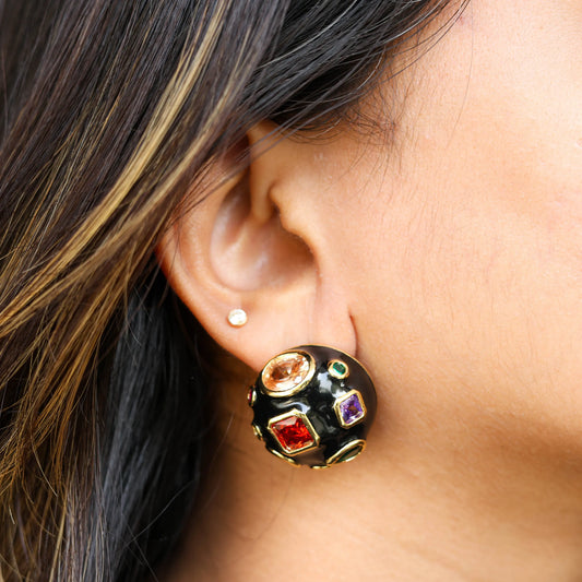 Enamel Gem Ball Earrings- Black