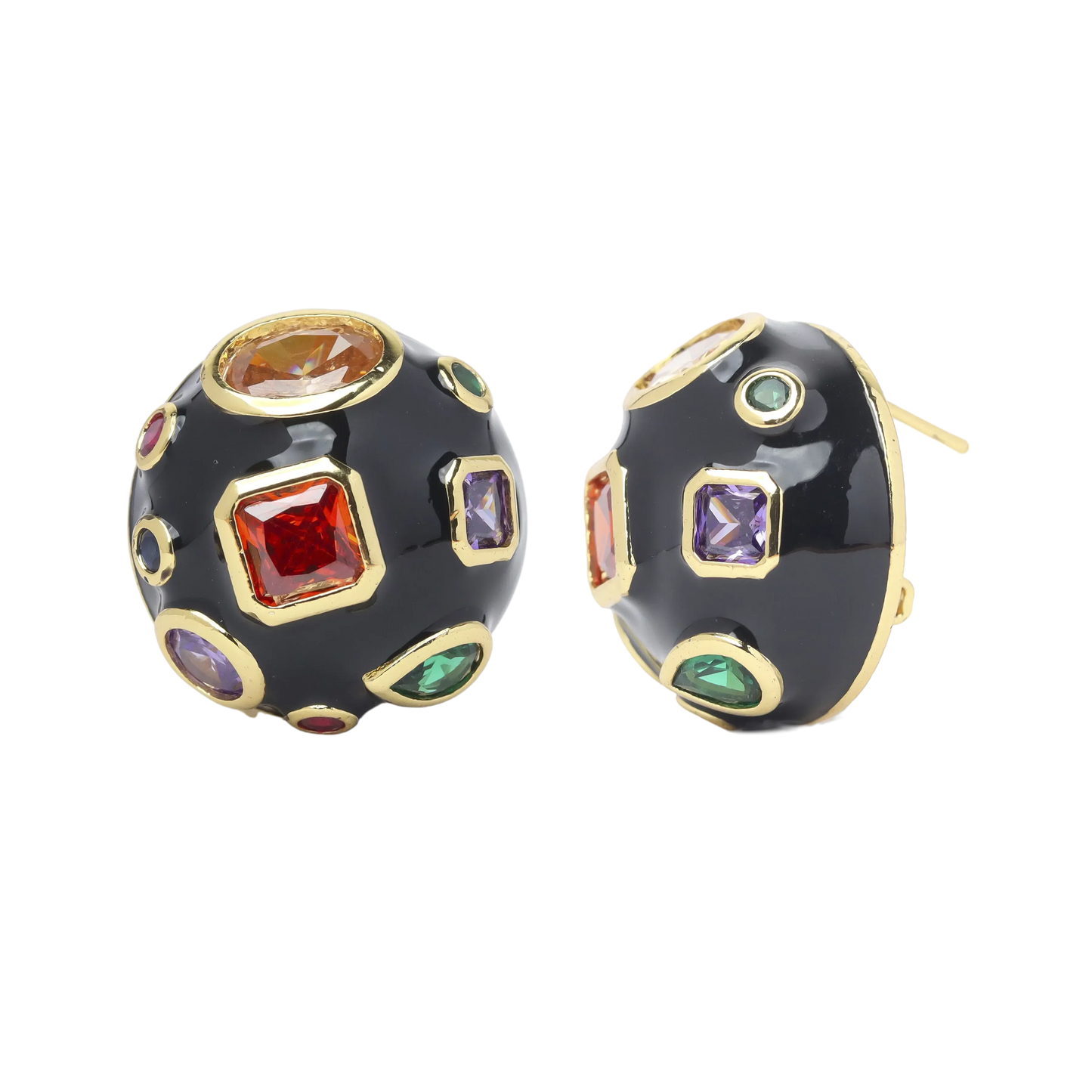 Enamel Gem Ball Earrings- Black