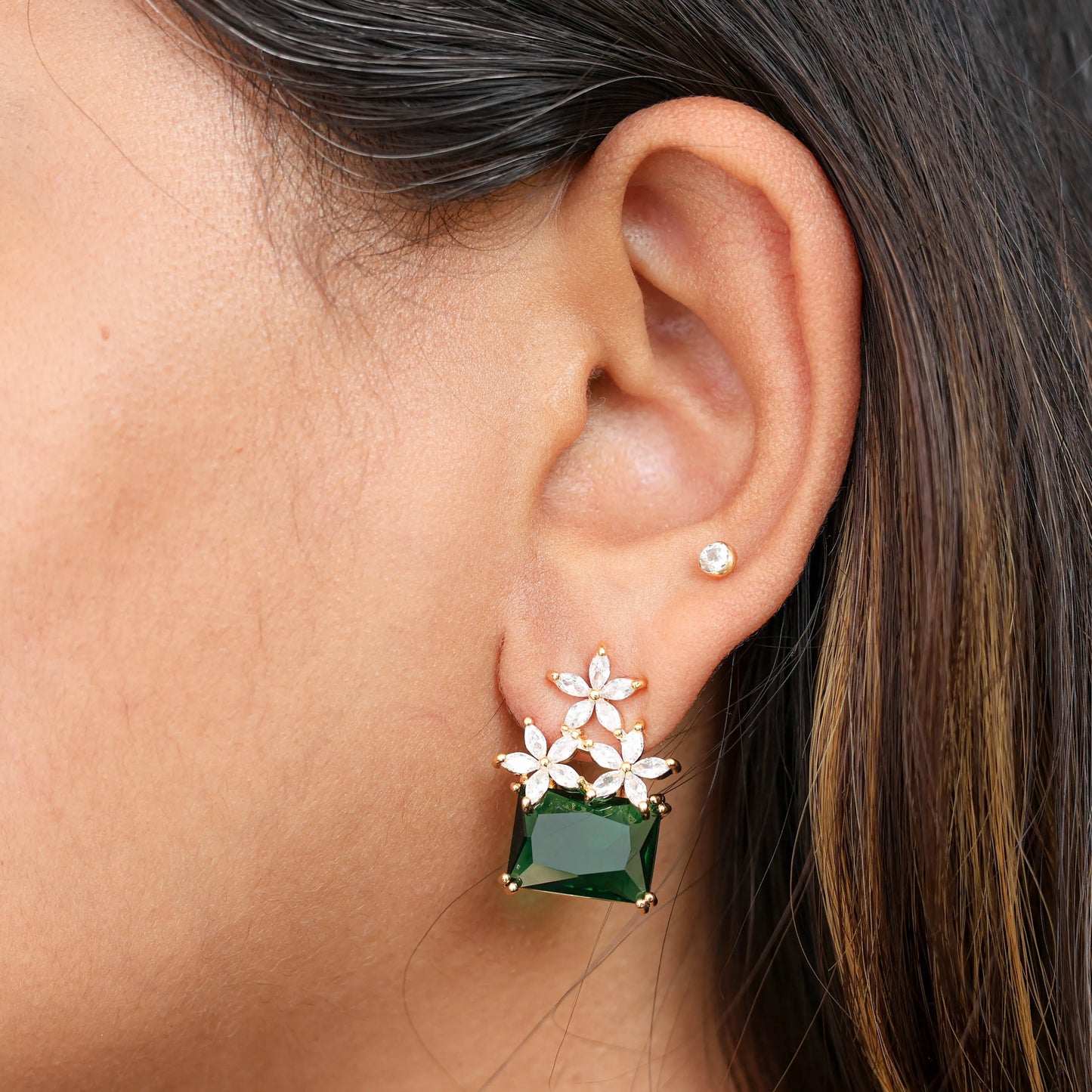 Cz Square Emerald Drop Earrings