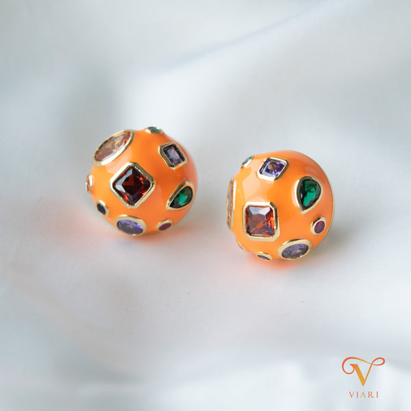 Enamel Gem Ball Earrings- Orange