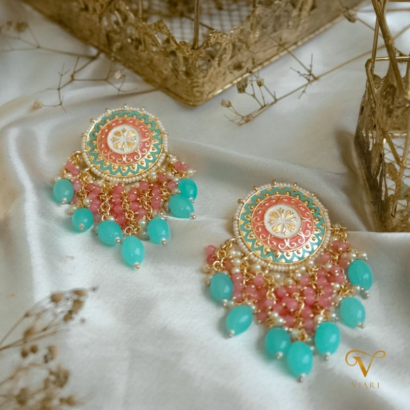 Sea Green Meenakari Earrings with Pearl -