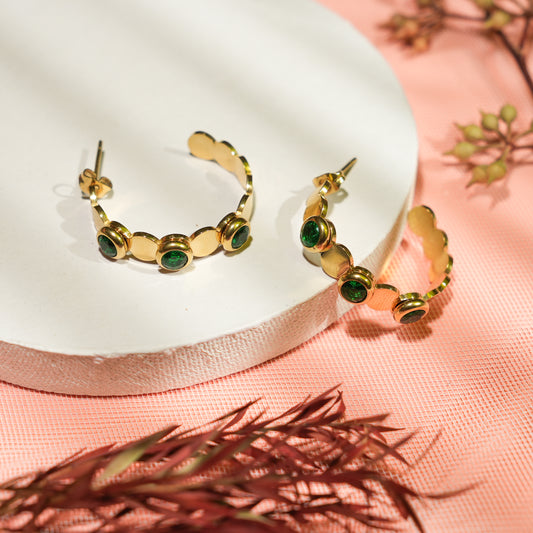Triple Green Stone Hoop Earrings